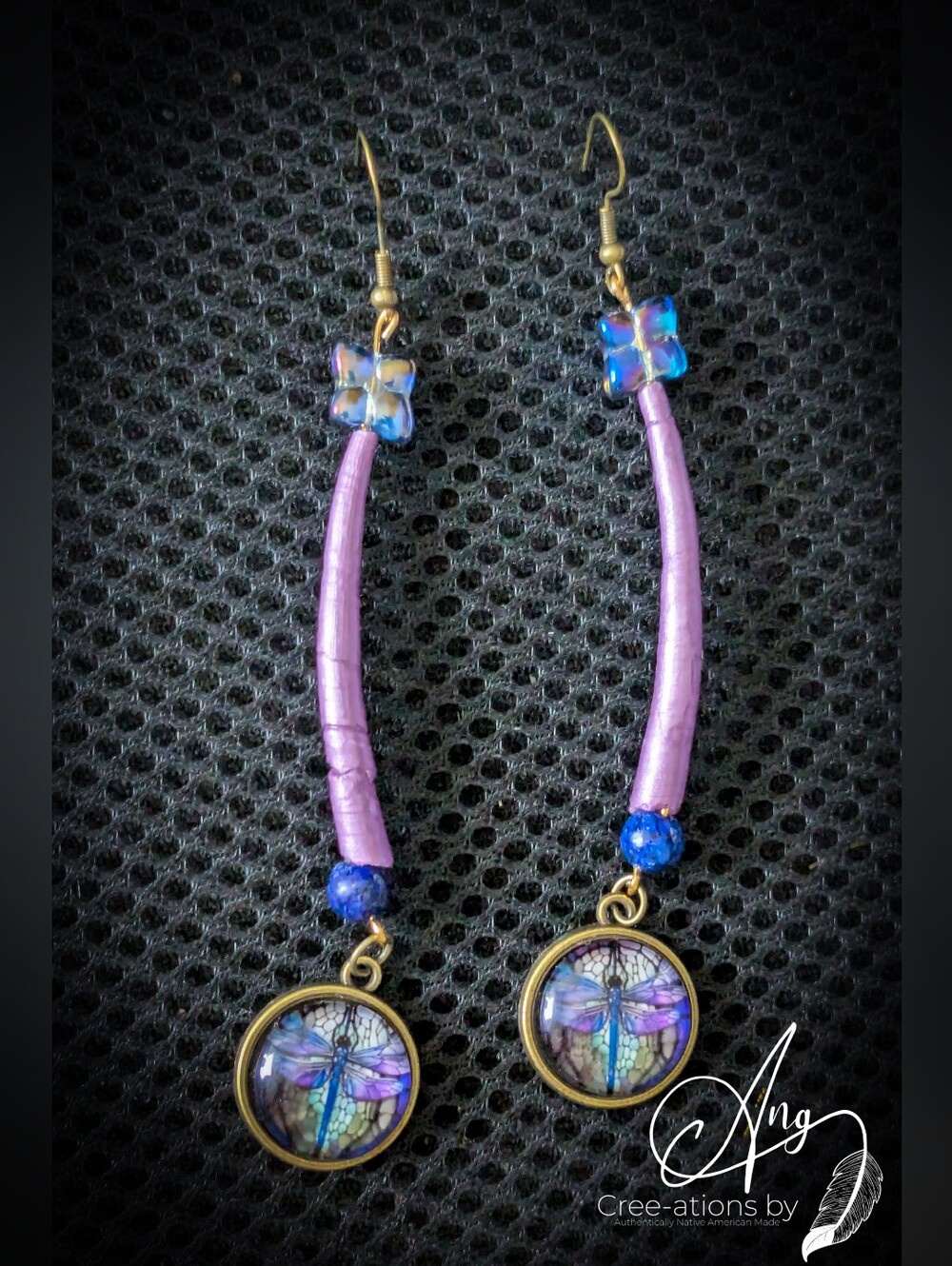 Native Metallic Purple Dentalium Shell Dragonfly Dangle Earrings